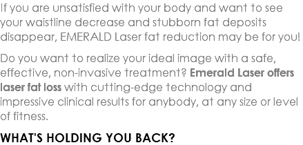 If you are unsatisfied with your body and want to see your waistline decrease and stubborn fat deposits disappear, EMERALD Laser fat reduction may be for you! Do you want to realize your ideal image with a safe, effective, non-invasive treatment? Emerald Laser offers laser fat loss with cutting-edge technology and impressive clinical results for anybody, at any size or level of fitness. WHAT'S HOLDING YOU BACK?